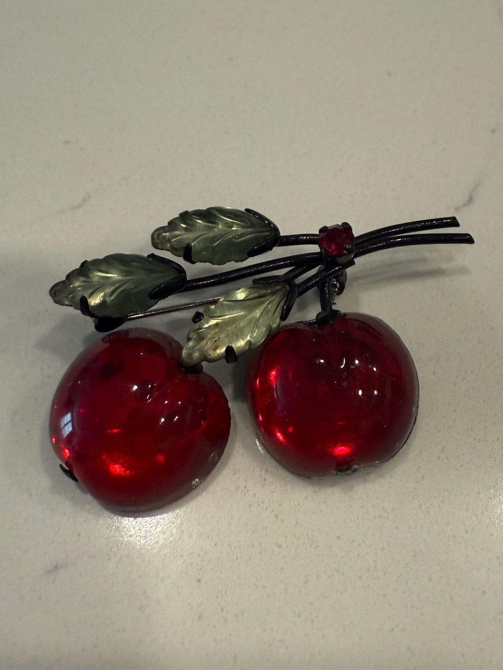 Vtg Austria Glass Red Cherries Brooch Signed